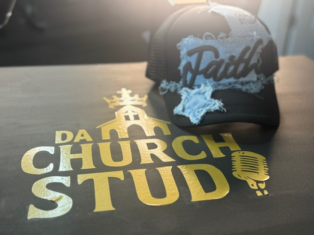 Faith Distressed Trucker (Black with Denim Patchwork)