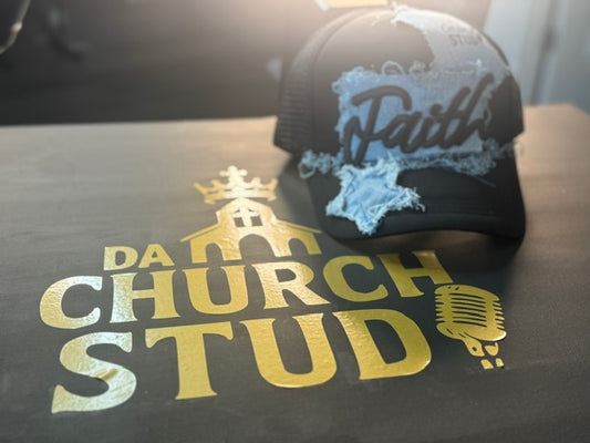 Faith Distressed Trucker (Black with Denim Patchwork)
