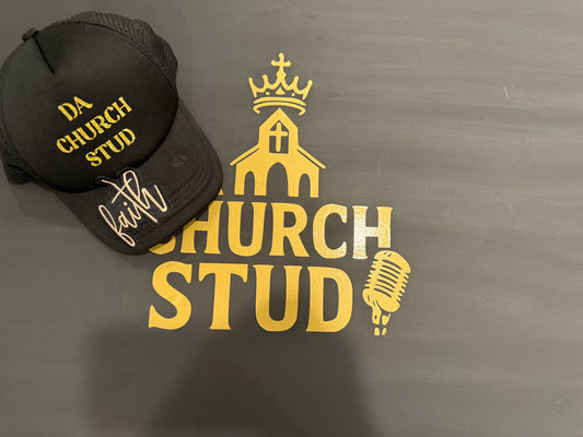 Da Church Stud Logo Trucker (Black with Gold Embroidery)